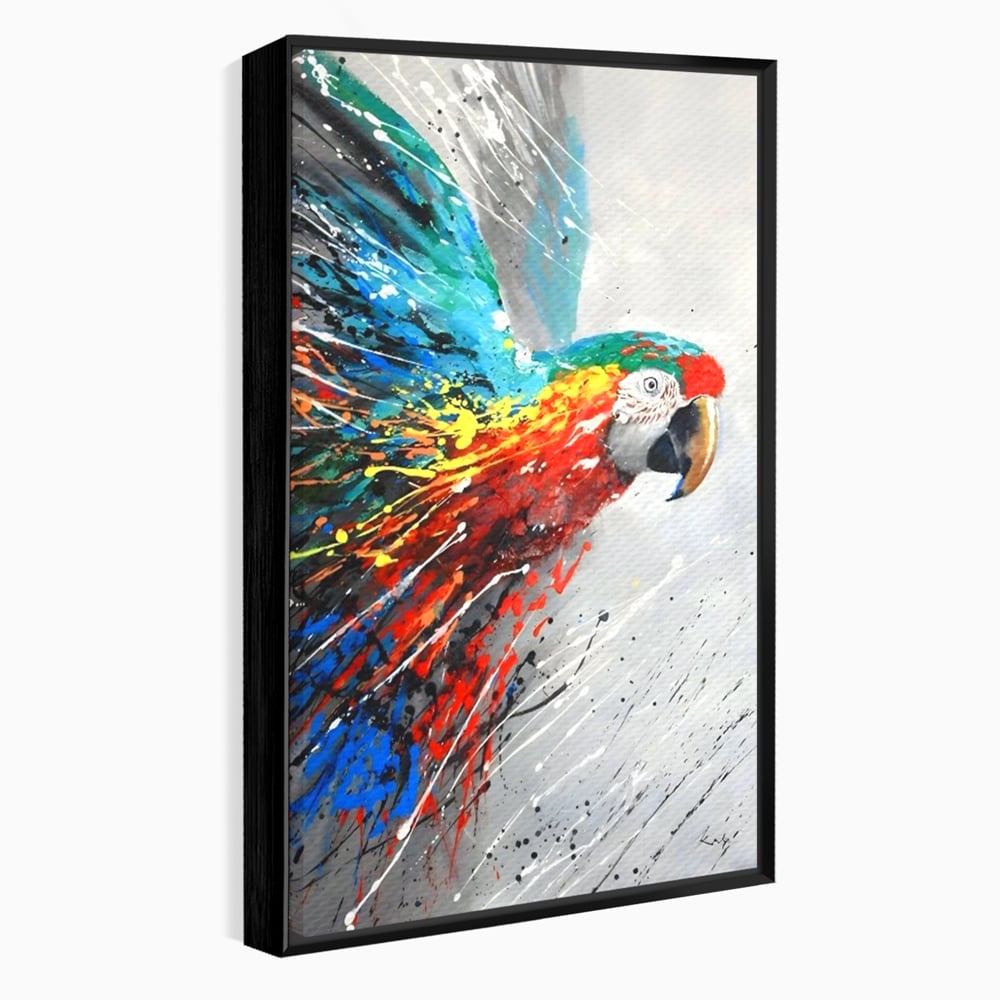 Tablou canvas cu tablou canvas cu papagal colorat, in rama de aluminiu negru